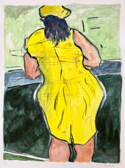 Woman in a red lion pub - yellow medium