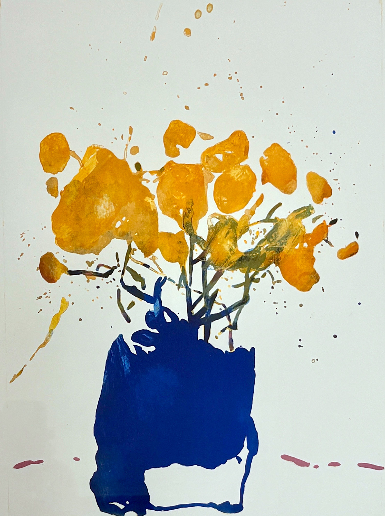 Schwertlilien/blaue Vase mit gelben Blumen